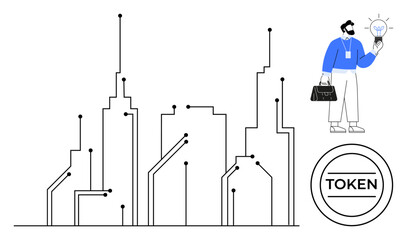 Abstract digital city skyline connected with circuit lines, a businessman holding a glowing light bulb, and a circular token. Ideal for technology, innovation, cryptocurrency, smart cities
