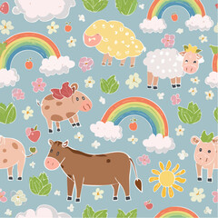 Obraz premium Whimsical illustration featuring cartoon cows, sheep, rainbows, flowers, and a sun on a blue background.
