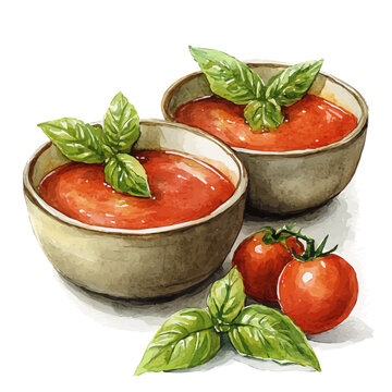 tomato soup bowls with basil watercolor clip art preview