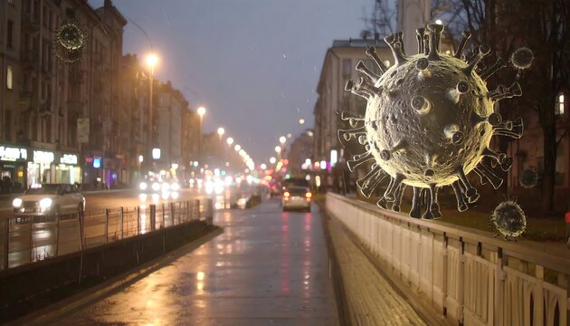 City street at night, rain, virus