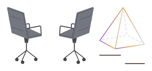 Two swivel office chairs positioned side by side and a transparent geometric pyramid with dotted and solid lines. Ideal for teamwork, geometry, design, workspace, collaboration, furniture