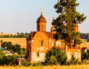 Historic church surrounded by fields at sunset