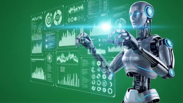 Futuristic robot interacting with holographic interface advanced technology artificial intelligence concept