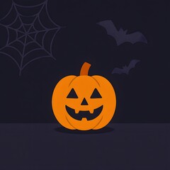 Flat style illustration of single carved jack-o&rsquo;-lantern pumpkin with bats flying and spider web on dark background. Spooky Halloween design.