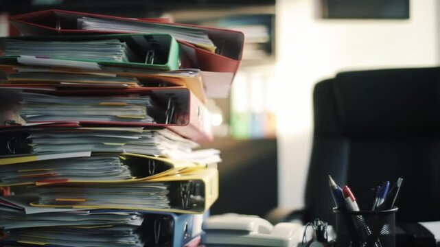 A tall stack of colorful ring binders filled with papers sitting on an office desk surface space