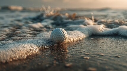 Golf ball rests on the sandy beach with gentle waves washing around it. It illustrates leisure, vacation, and a unique take on the sport.