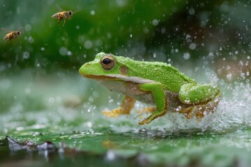 Naklejka premium Green frog jumps in the water with bees flying nearby in dynamic shot. Great for illustrating nature, wildlife, or a lively spring environment.