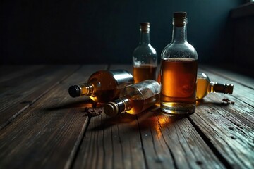 Empty liquor bottles, scattered on a dark wooden surface, reflecting dim light A concept of addiction, despair, or the aftermath of a party Focus on texture and shadows , spirits, low light, empty