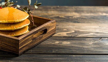 Naklejka premium Stacked pancakes on a wooden tray
