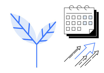 Plant representing growth, calendar symbolizing planning, arrows illustrating progress and forward movement. Ideal for sustainability, goal-setting, productivity, strategy, planning success. Simple