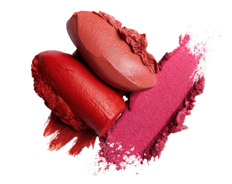 Close-up of assorted makeup swatches.  Atop a black background, three shades of lipstick and blush are displayed.  The textures of the products are visible