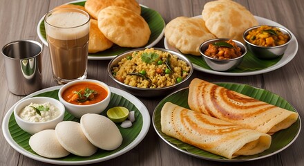 Traditional Indian Vegetarian Meal with Flatbreads Lentils Rice and Sides on Banana Leaves