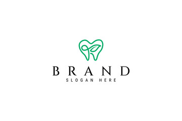 dental logo with green leaves in line art design style
