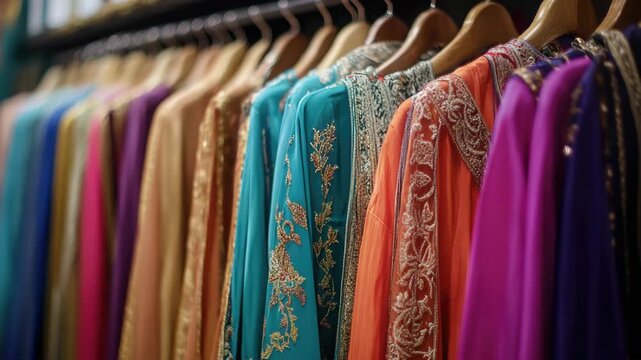 A collection of colorful ethnic wear, including saris, shalwar kameez, and traditional Indian dresses. The clothing showcases the vibrant colors and intricate designs often found in cultural textiles.