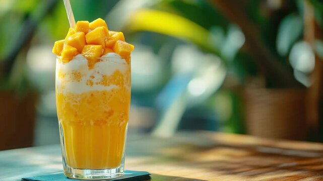 A tall glass filled with mango smoothie and ice cubes, topped with a straw. A vibrant, healthy, and refreshing beverage perfect for summer or any time you want a fruity treat.