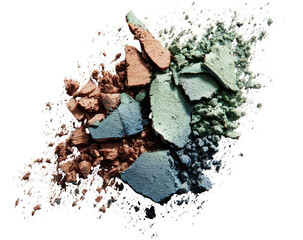 Crushed eyeshadow pigments in teal, rose, and taupe.  A cluster of fragmented, multicolored powder textures