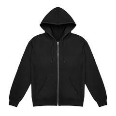 Plain black full zip hoodie with silver zipper isolated on a solid black background