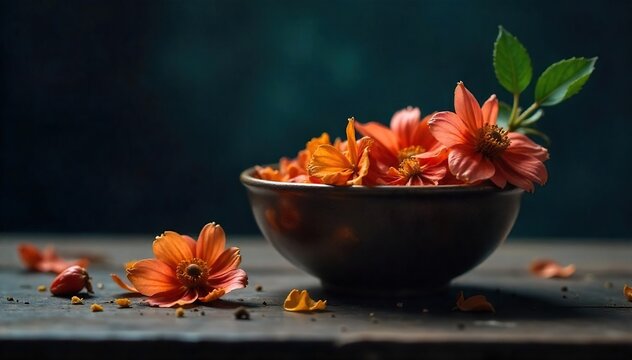 Empty bowl, wilted flowers, dim lighting evokes feelings of profound sadness and lack of appetite A poignant visual representation of depression and hunger , food insecurity, desolate, need