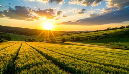 Scenic sunset over a vibrant green field