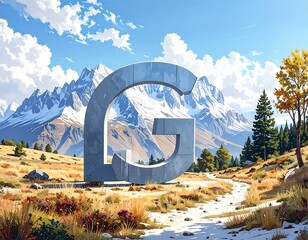 Fototapeta premium Large letter G stands in a scenic mountain landscape