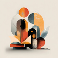 Abstract shapes create a balanced composition with warm and cool tones, evoking a sense of modern art and sophisticated design.