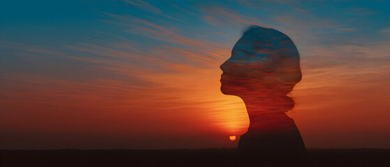 Woman silhouette contemplates the sunset over the horizon, creating a peaceful and reflective atmosphere with warm colors and a sense of serenity and hope.