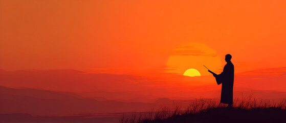 Silhouette of a warrior practicing martial arts with a sword against a vibrant orange sunset sky, creating a peaceful and serene atmosphere.