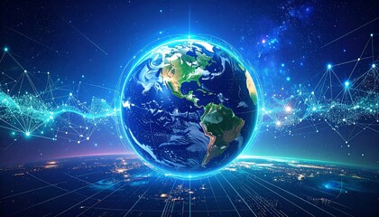 A digital representation of Earth, surrounded by a network of lines and glowing lights, depicting global connectivity