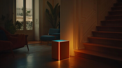 Modern Cube Lamp Emitting Warm Light in a Stylish Living Room