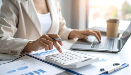 Businesswoman working on laptop and calculator