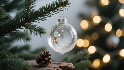 Obraz premium A transparent glass Christmas ornament adorned with subtle glittering specks, hanging gracefully from a lush pine branch. Christmas, Christmas Tree, Merry Christmas, Christmas Background