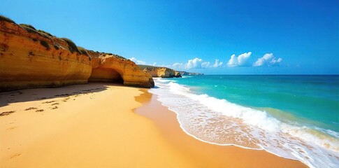 Algarve Coastline Golden Sands, Turquoise Waves, Relaxing Coastal Scene