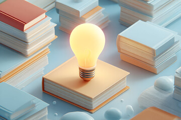 Glowing lightbulb rests atop a stack of books in a brightly lit room, symbolizing knowledge, learning, and innovation with a warm and inviting atmosphere.
