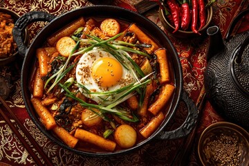 Top view of Tteokbokki in a pot with egg and green onions, on decorative background. Use this image for food blogs, recipe books, or restaurant advertising.