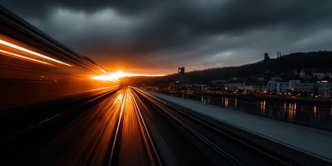Fototapeta premium The fast train speeds towards a city bathed in the golden light of the sunset, evoking travel.