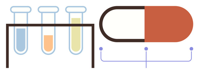 Three test tubes with colorful liquids in a rack alongside a connected pill capsule. Ideal for pharmaceutical research, medical development, drug testing, healthcare innovation, chemistry, biology