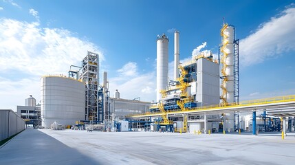 A modern environmentally friendly biofuel processing plant with large storage tanks and infrastructure in an industrial complex setting