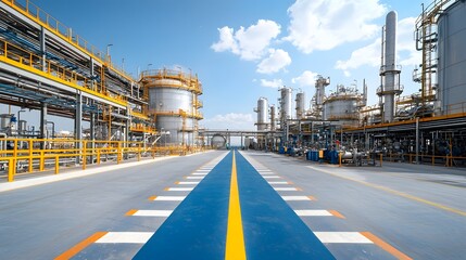 A modern industrial refinery facility with towering storage tanks intricate piping systems and various processing equipment located in an urban setting