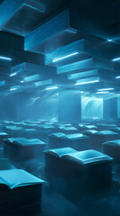 Abstract geometric shapes glow with blue light in a futuristic room, creating a sense of depth and technological advancement, evoking a feeling of innovation and mystery.