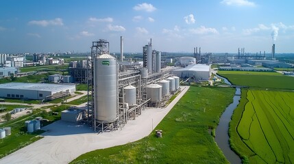 Towering biofuel storage tanks and a modern environmentally conscious processing facility surrounded by lush fields and a cityscape in the distance