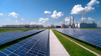 An expansive field of solar panels stretches out in front of a large biofuel processing plant demonstrating the of renewable energy sources and sustainable industrial technology