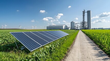 Solar panels installed in a field next to a modern biofuel plant representing the of renewable energy sources and clean technology for sustainable energy production