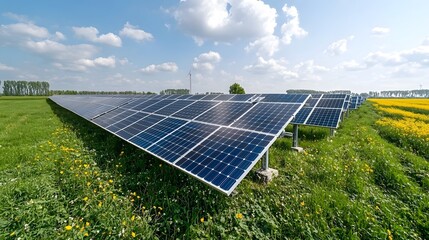 A large field of solar panels stands adjacent to a biofuel processing plant demonstrating the of renewable energy sources and clean technology for sustainable power