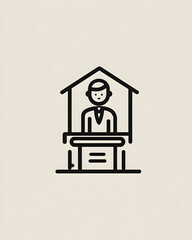 Man stands behind counter in small booth at outdoor market, selling goods with neutral expression and simple line art style.