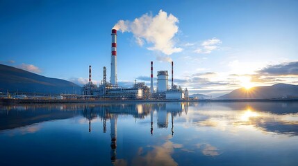 A peaceful industrial landscape with an oil refinery plant reflected in the still waters of a lake or pond set against a backdrop of a scenic sunset sky