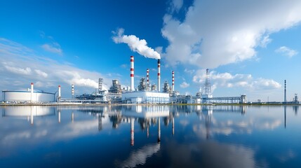 A large oil refinery complex with multiple tall stacks and towers is reflected in the serene mirror like surface of a nearby body of water