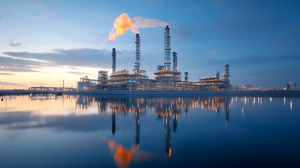 Picturesque oil refinery plant with towering industrial structures reflected in the still mirror like waters at a serene sunset creating a tranquil yet industrial landscape