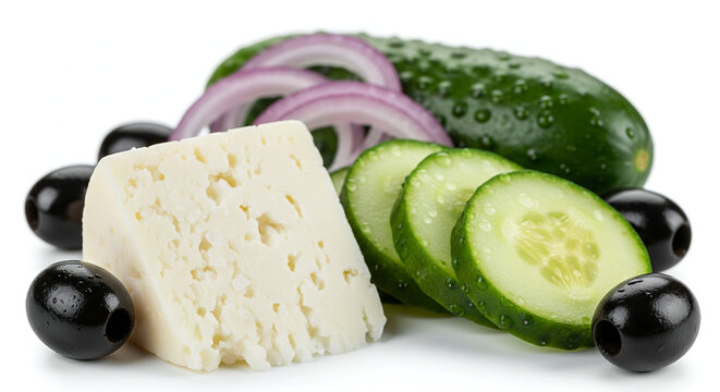Macro Shot of Telemea Cheese with Fresh Cucumber, Onion, and Olives on White Background
