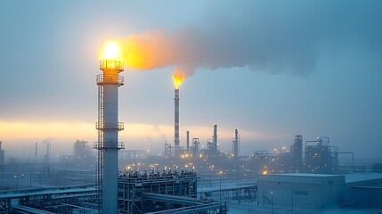 Close up view of gas flaring equipment and infrastructure in an industrial refinery complex with the cityscape and skyline visible in the background during a vibrant sunset