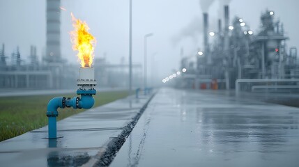 Close up view of a gas flaring system used in an industrial petrochemical refinery with a flame burning off excess gas during the refining process